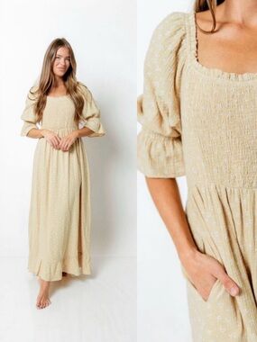 NWT Worth Collective Puff Sleeve Maxi Dress Smocked Cotton Beige M Cottagecore